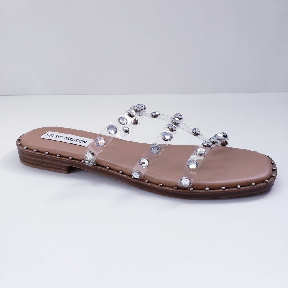 Steve Madden Rhinestone Studded Clear Strap Tan Sandals Flats 8
